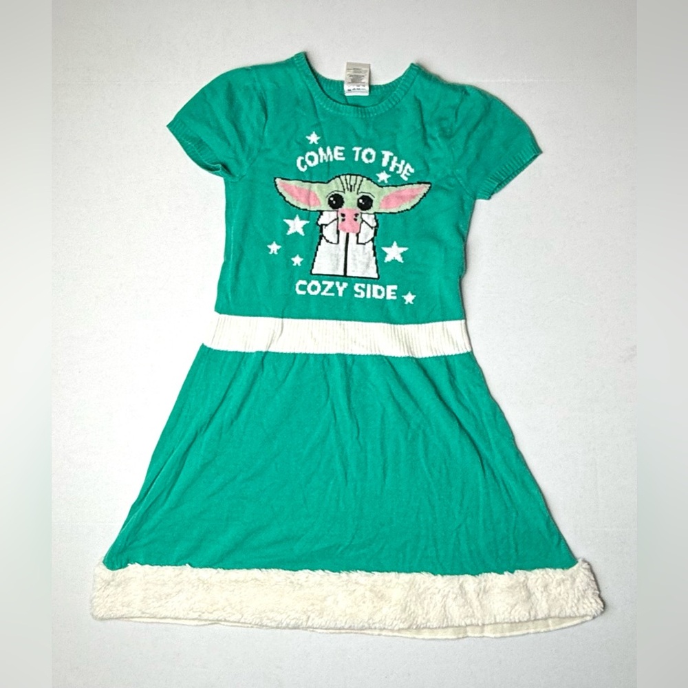 Disneys Star Wars Girls Large 10 - 12 Baby Yoda Green Sweater Dress Holiday